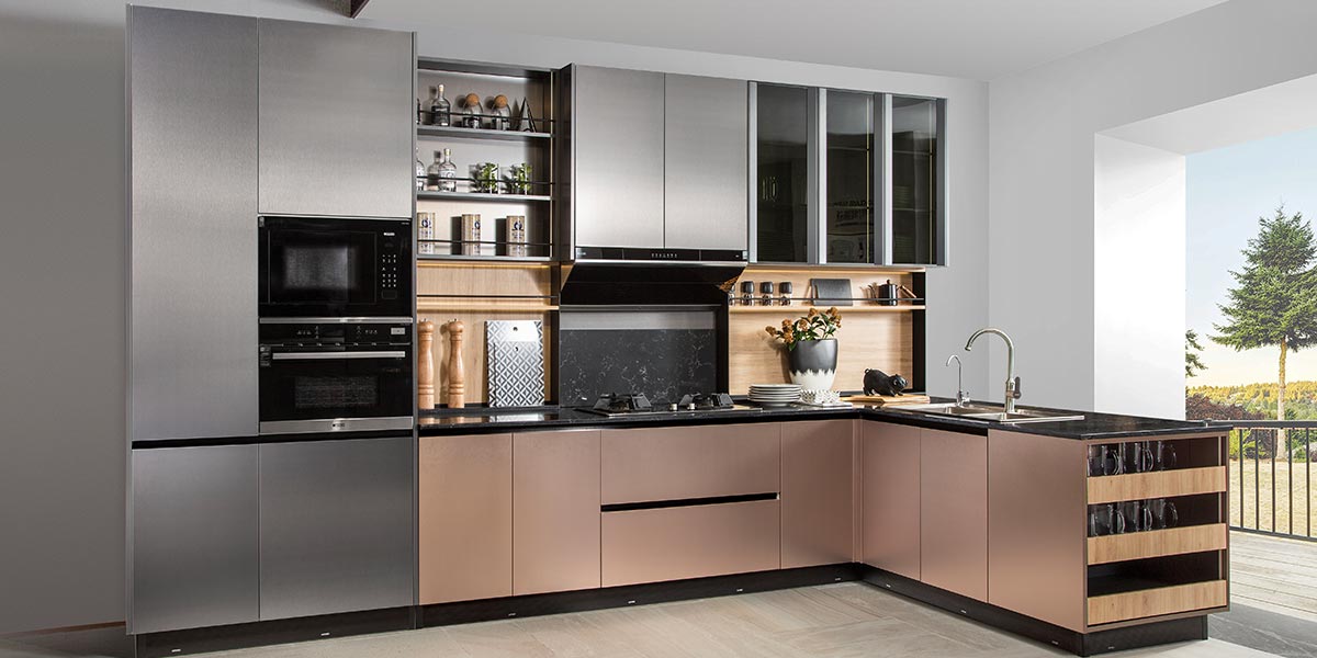 Handleless Kitchen Cabinets in Metal Laminate Finish
