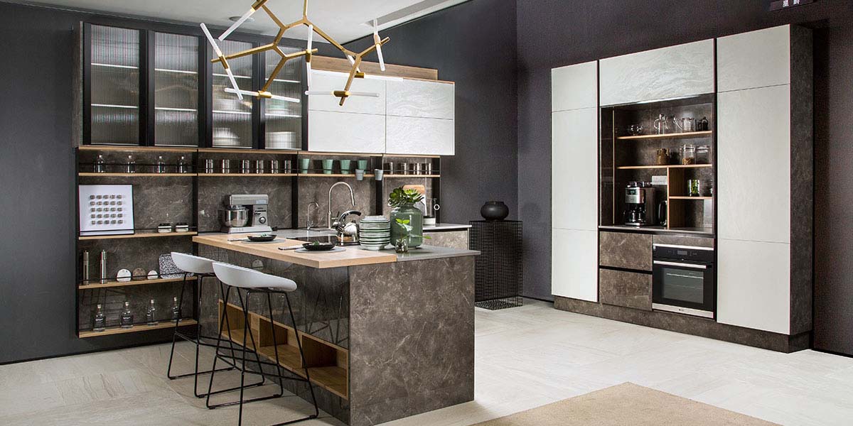 Open kitchen with seating and storage area