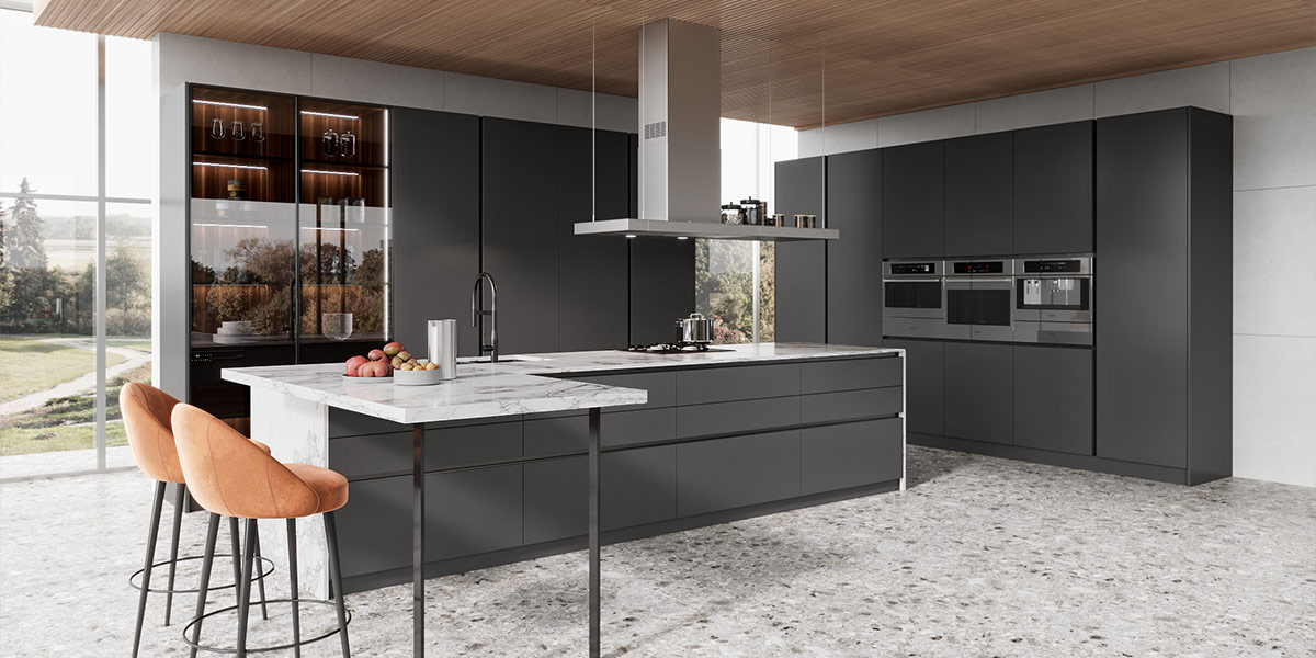 Modern Medium Grey Kitchen Cabinets in Lacquer Finish | OPPOLIA