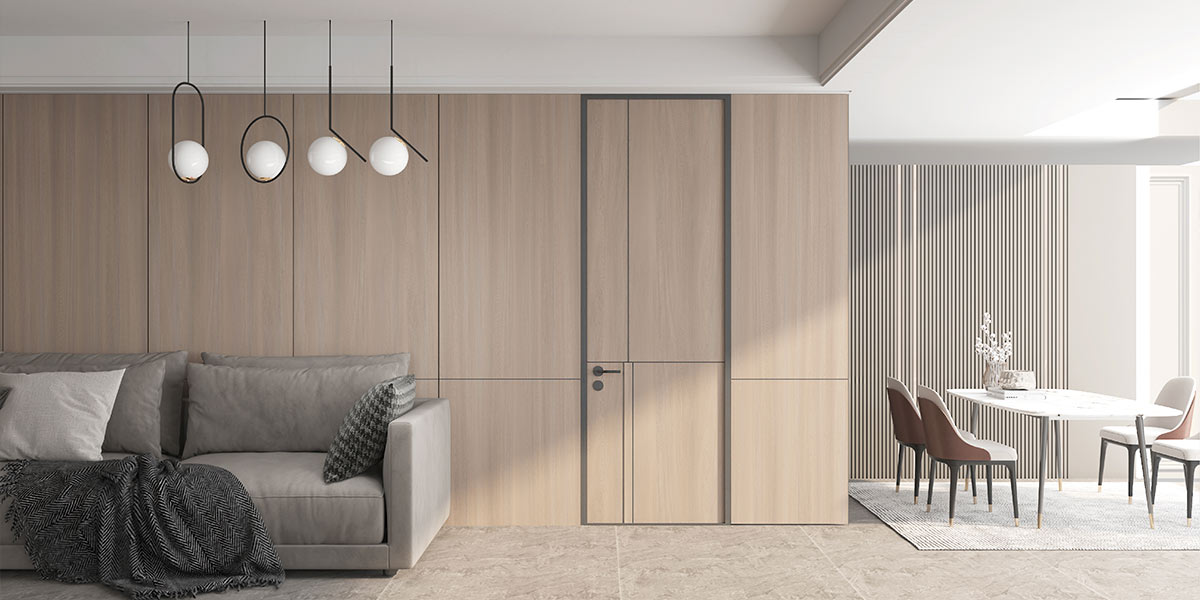 Ceiling-Height Wooden Door in Yellow Oak PVC Finish 