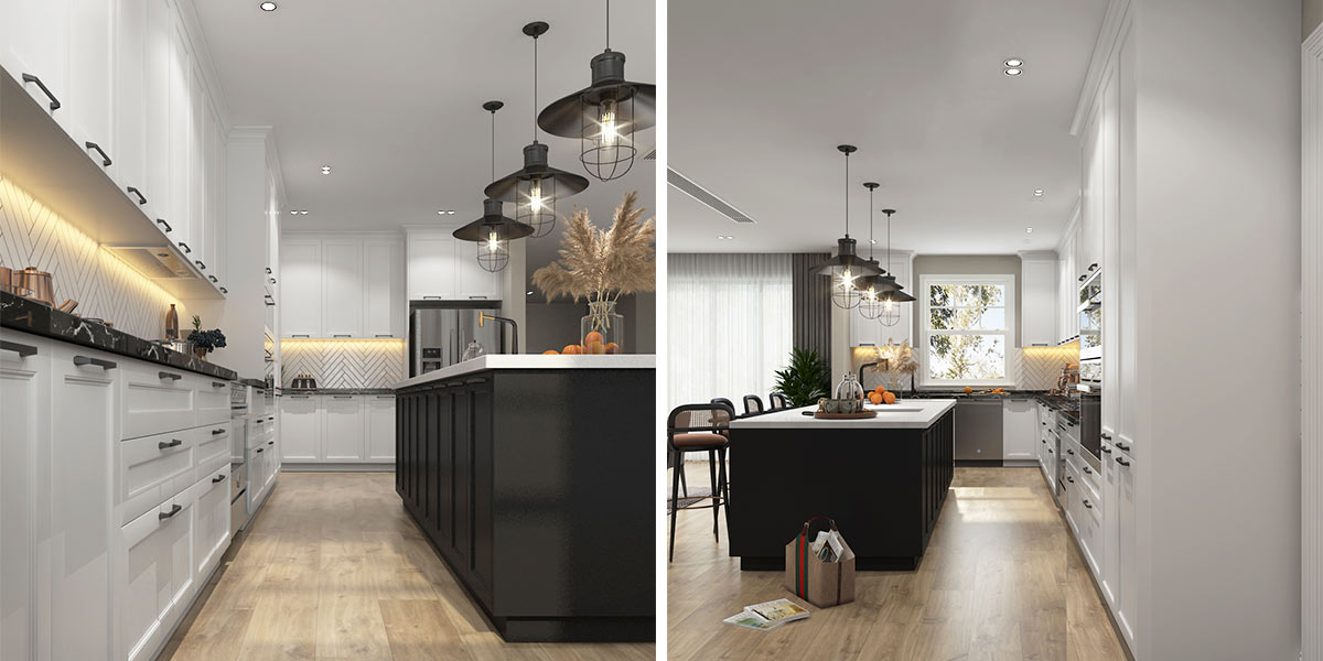 White kitchen cabinets clearance with black island