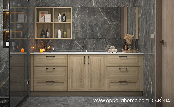 Bathroom Vanity Unit Free Standing Oak Corner Cabinet Grey Quartz