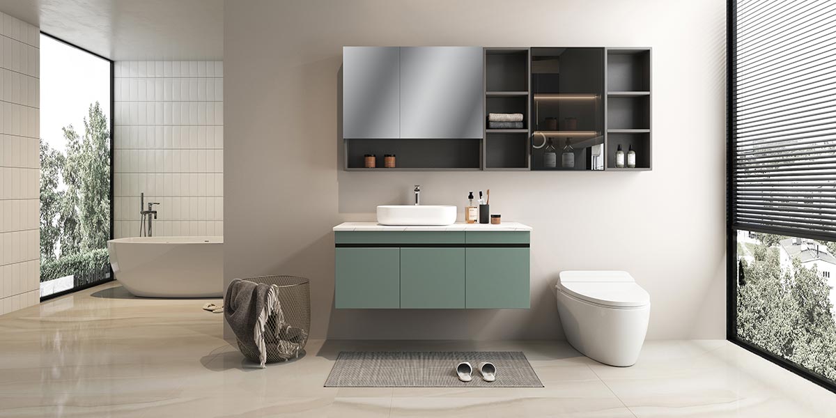 small floating green vanity