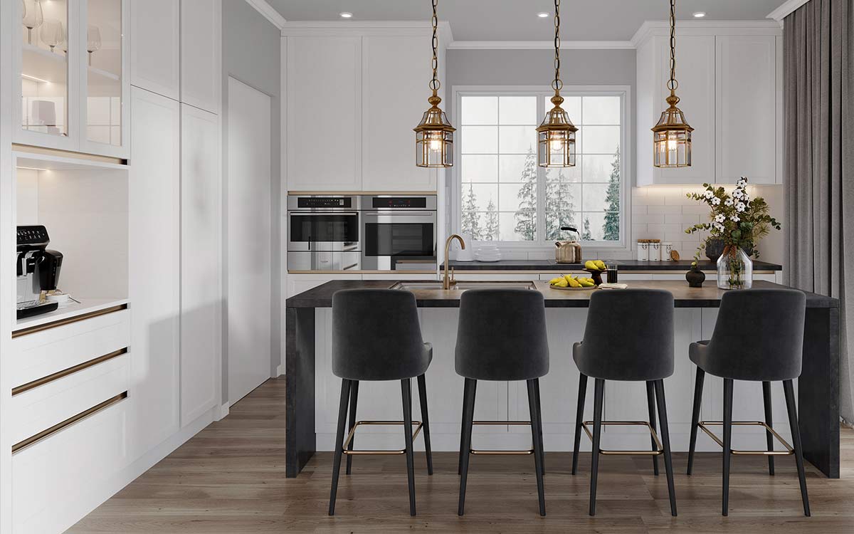 White shaker kitchen cabinets with J pulls