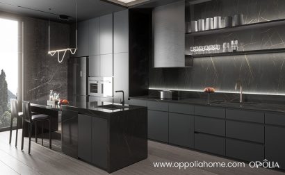 Dark Grey Cabinets with Black Worktop