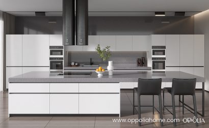 White Cabinets Grey Countertops Large Kitchen