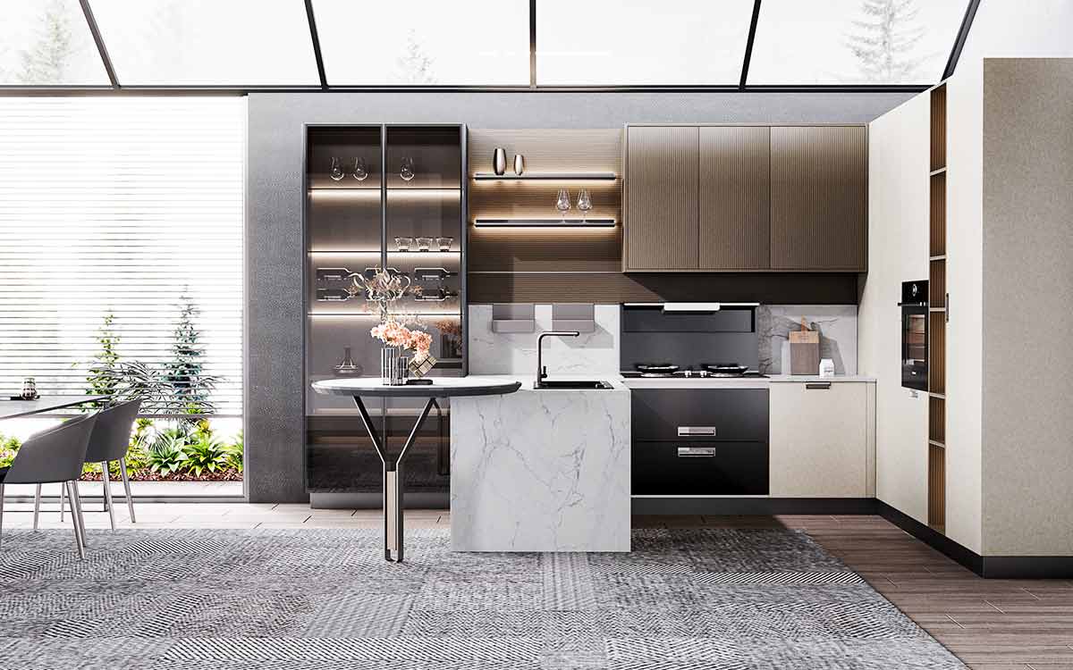 Beige Kitchen in L Shape with a Peninsula 
