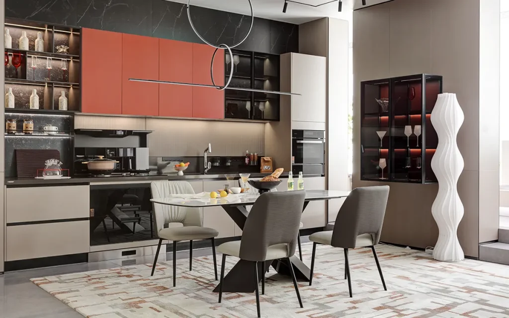 greige and red kitchen cabinets