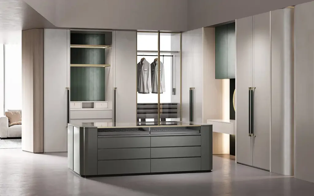 white and green lacquered modern luxury wardrobe with island