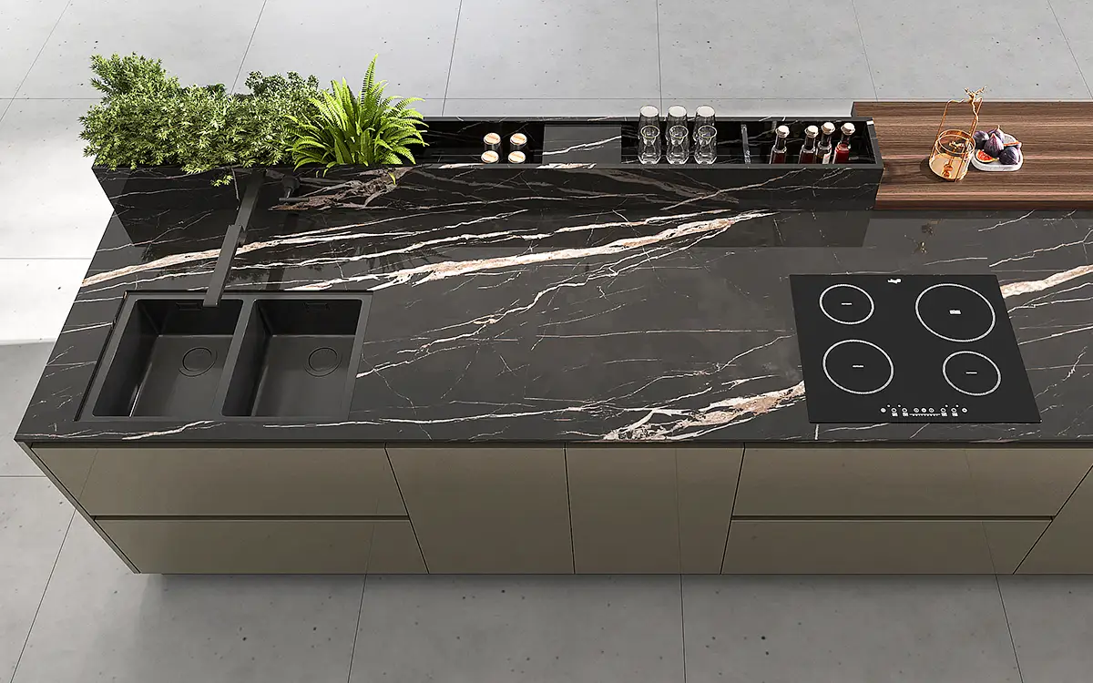 black countertop kitchen island