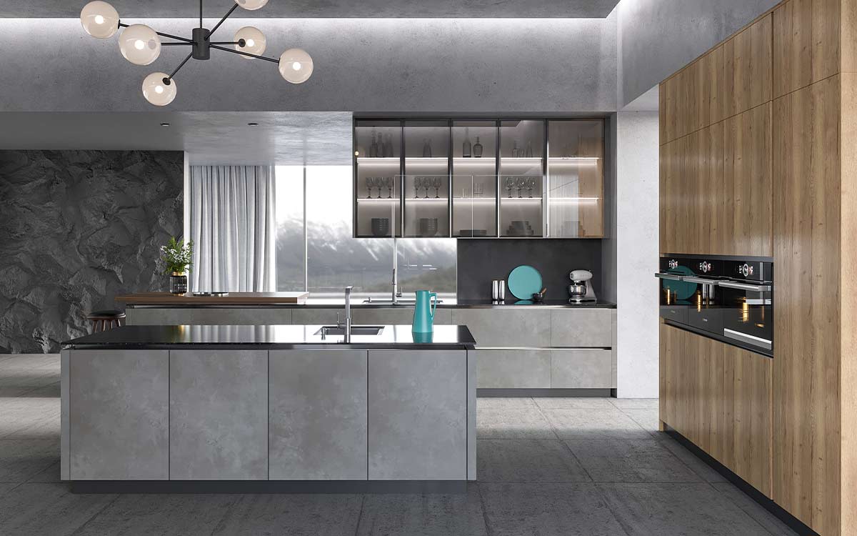Industrial Kitchen Design with Grey Stone Effect Doors
