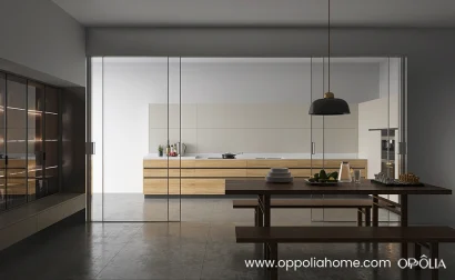 Beige and Wood Warm Minimalist Kitchen Cabinets