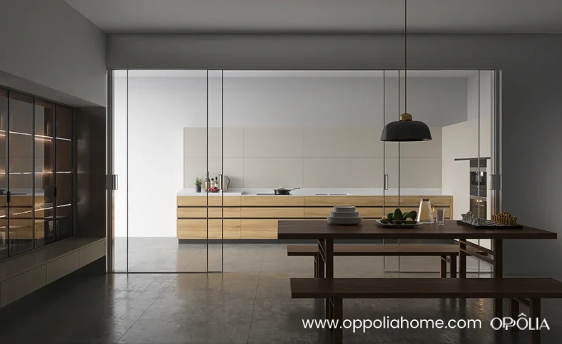 Beige and Wood Warm Minimalist Kitchen Cabinets