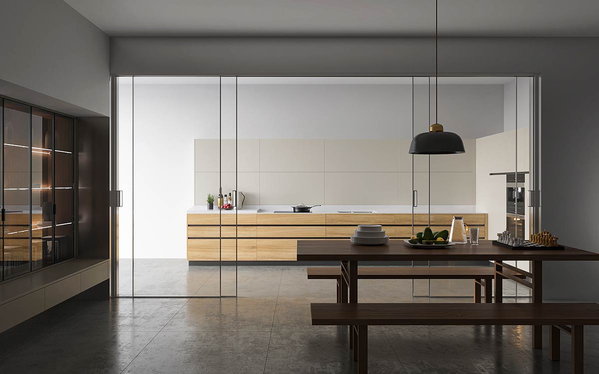 off white and wood kitchen cabinets with J pulls