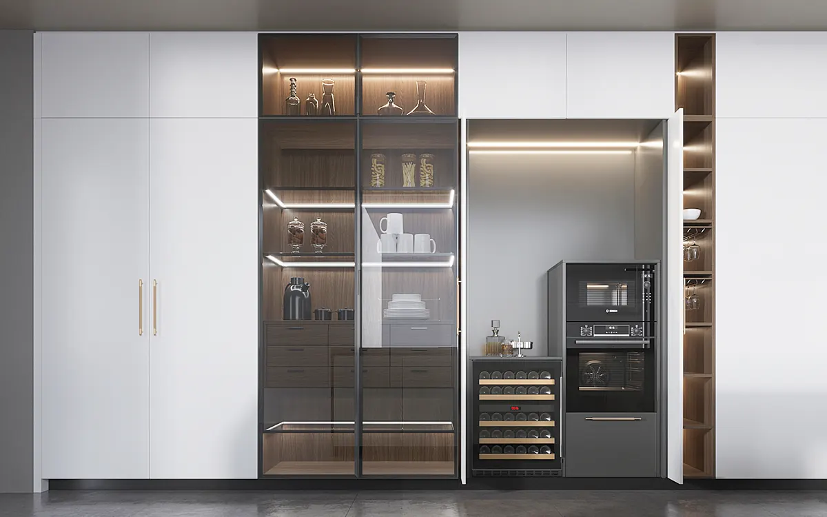 high cabinets with pocket doors