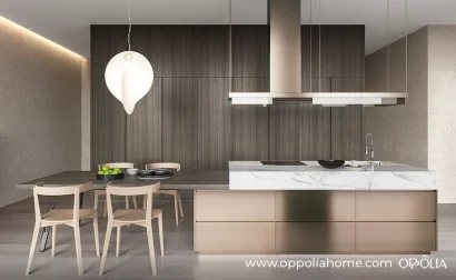 Grey Stained Kitchen Cabinets with Copper Island