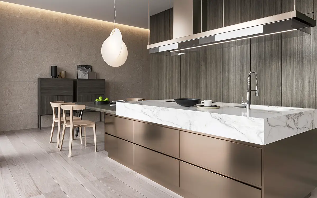 Metallic Copper and Grey Stained Kitchen Cabinets 