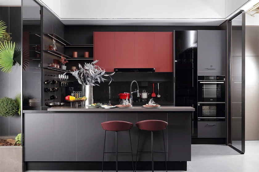 modern peninsula kitchen design in red and dark grey