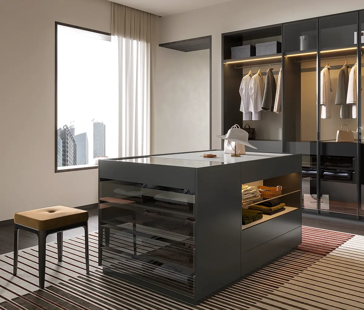 Dark Grey Custom Built-in Closet with Island