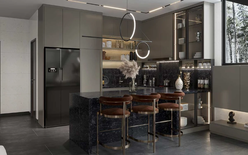 modern grey U-shaped kitchen with breakfast bar