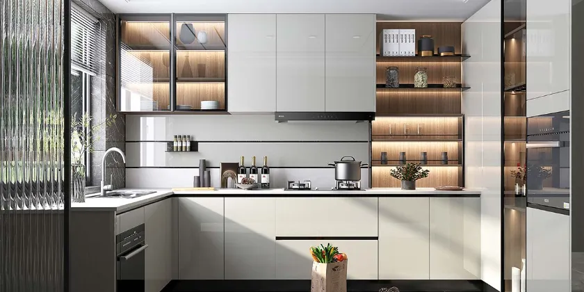 modern high gloss beige kitchen design in U-shaped layout