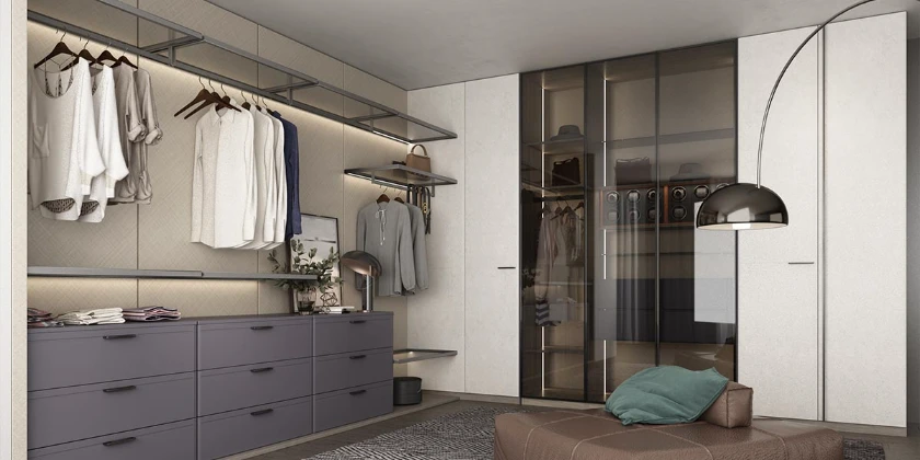 modern off white and purple custom-fitted walk in closet