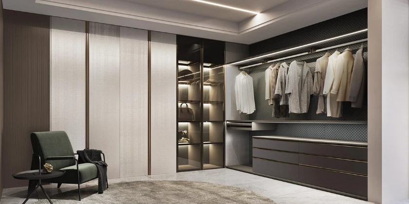 modern beige and grey walk-in wardrobe with patterned doors