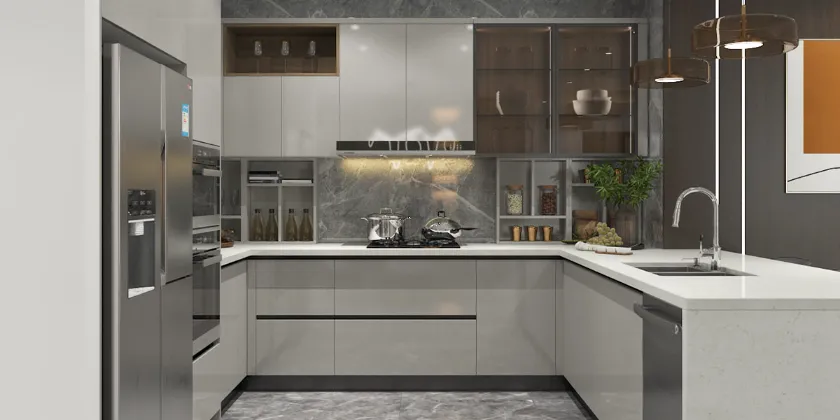 modern high gloss grey U-shaped kitchen cabinets without handles