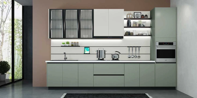 melamine white and green kitchen handleless design