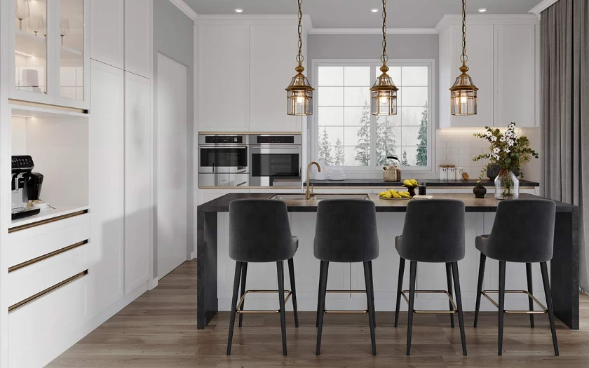 white shaker kitchen cabinets with grey countertop island