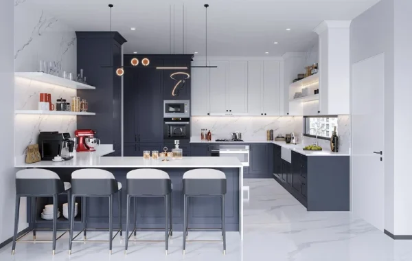 dark blue MDF shaker kitchen cabinets