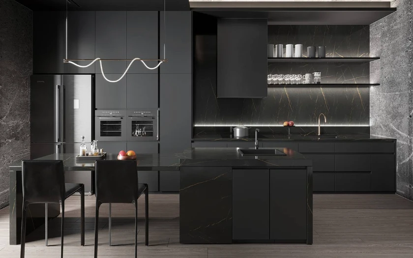 modern dark kitchen design with smart built-in appliances