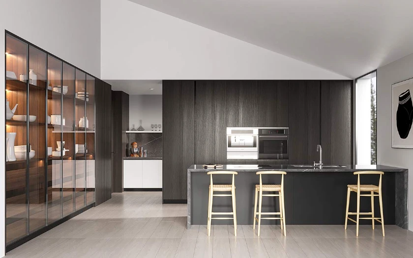 dark wood veneer kitchen cabinets
