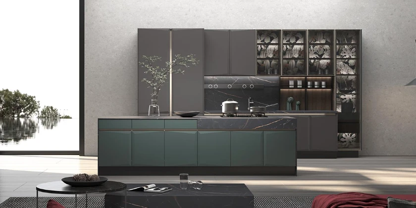 dark grey and green kitchen cabinets with shaped doors