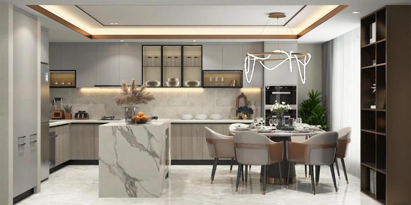 modern grey l-shaped kitchen with island