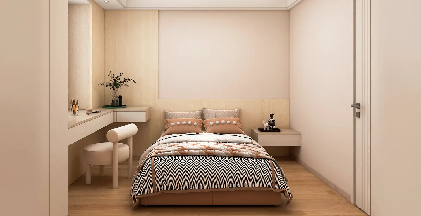 minimalist white fitted bedroom wardrobe with desk