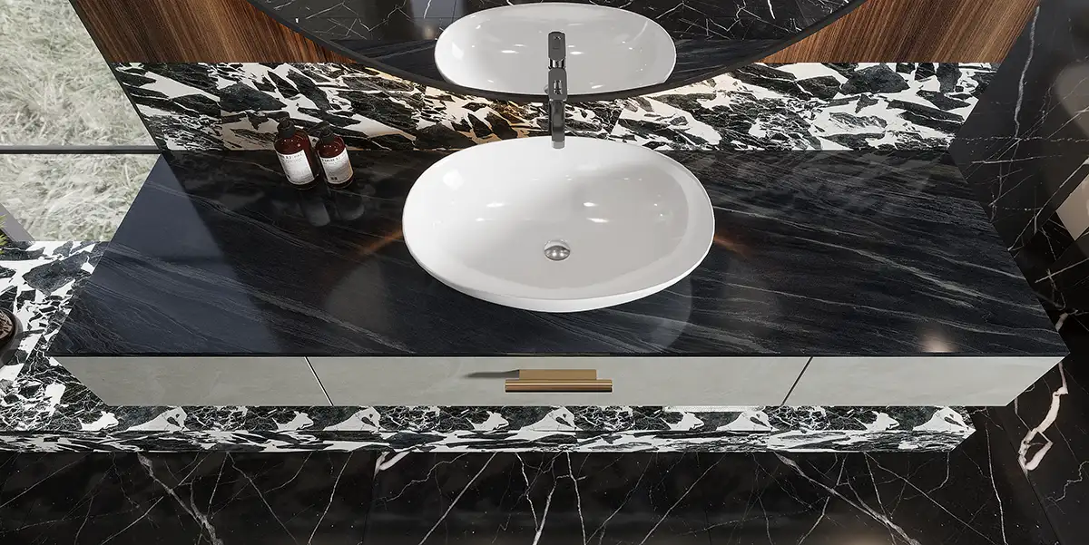 bathroom vanity with black countertop