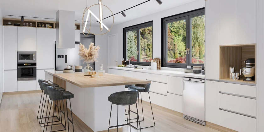 white and light wood kitchen with island