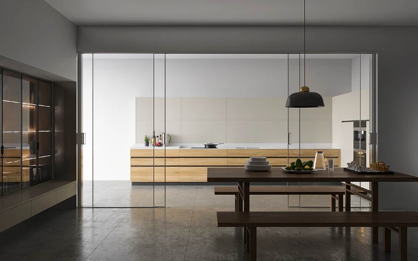 beige and wood cabinets with white countertop