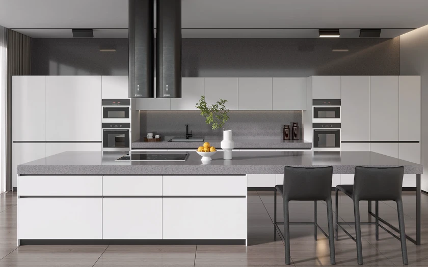 minimalist white kitchen with grey countertop