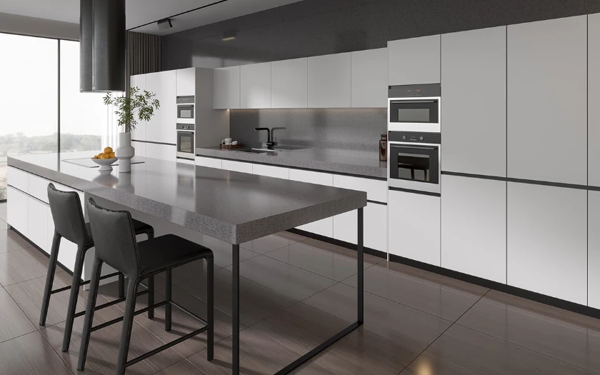 minimalist modern white kitchen with grey countertop design