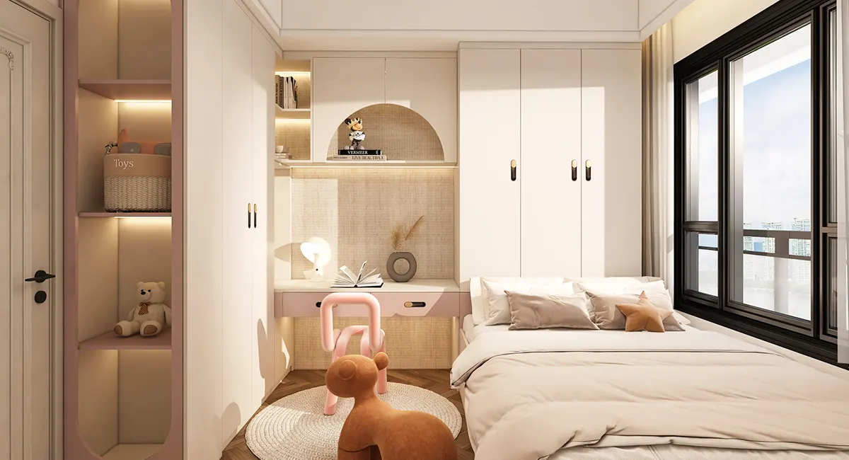 white and pink girl's bedroom with cream interior design