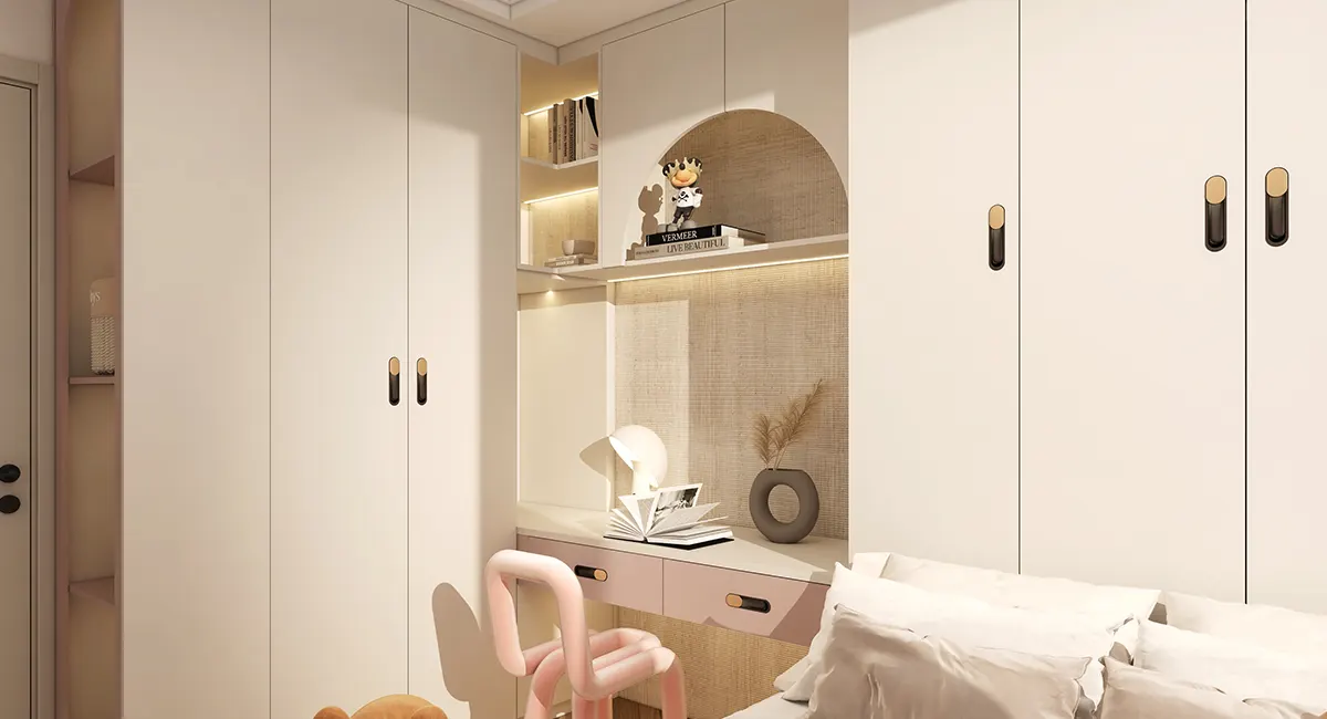 custom girl's bedroom wardrobe with desk and bookcase