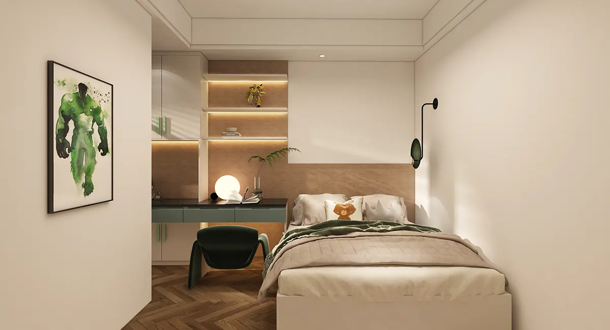 white and blue boy's bedroom with cream interior design