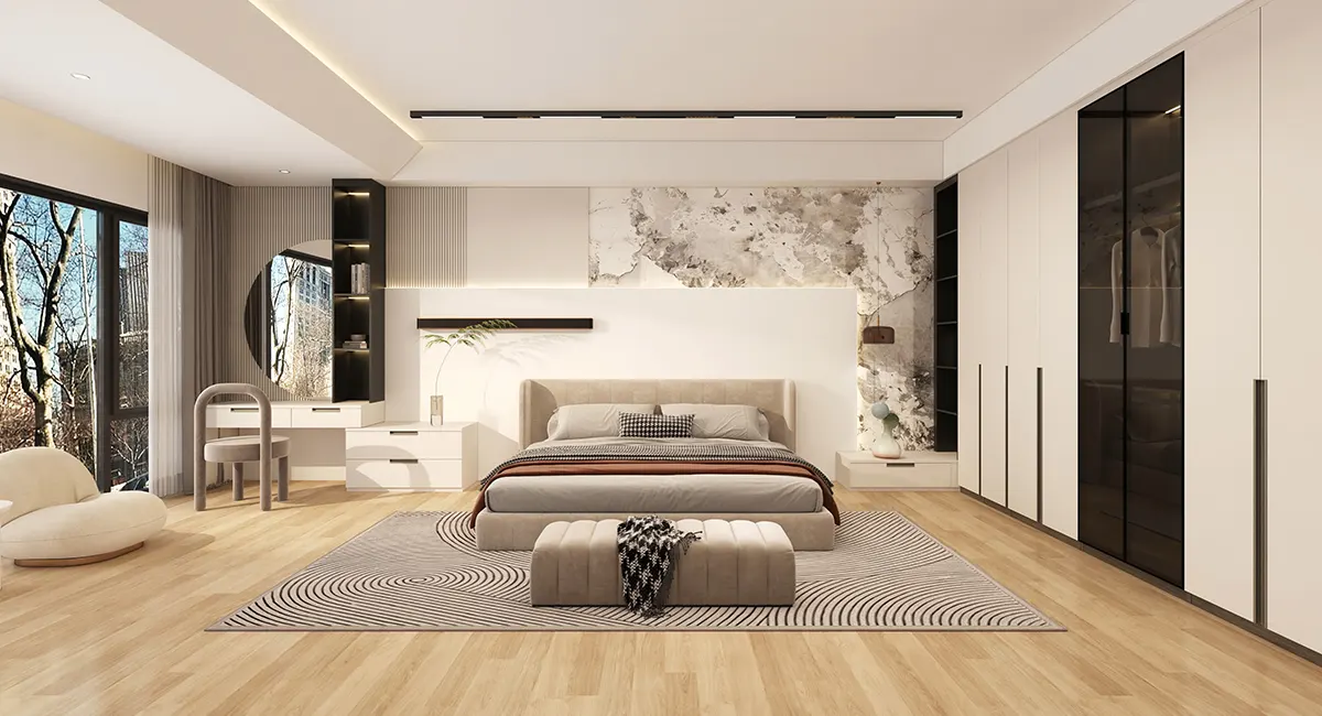 master bedroom design with white fitted wardrobes