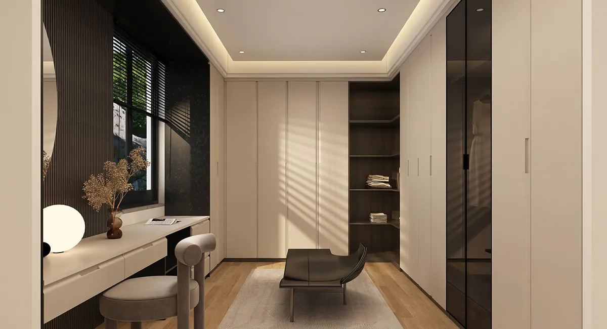 modern off white fitted wardrobes and dressing table with recessed handles