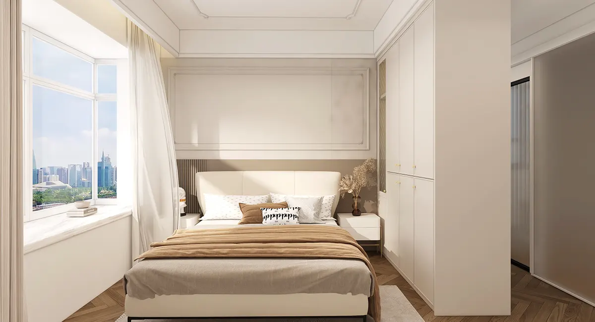 cream bedroom design with white wardrobes