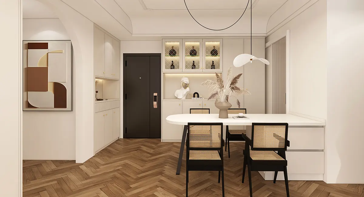 Cream dining room cabinets and dining table