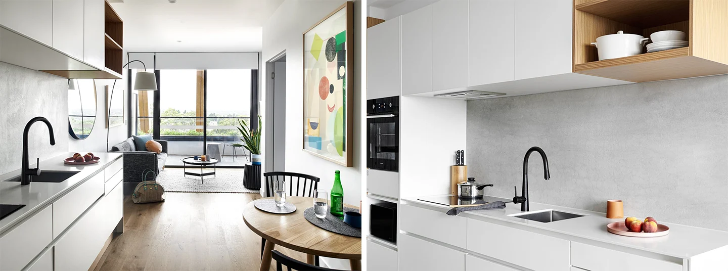 minimalist white handleless kitchen cabinets for small apartment