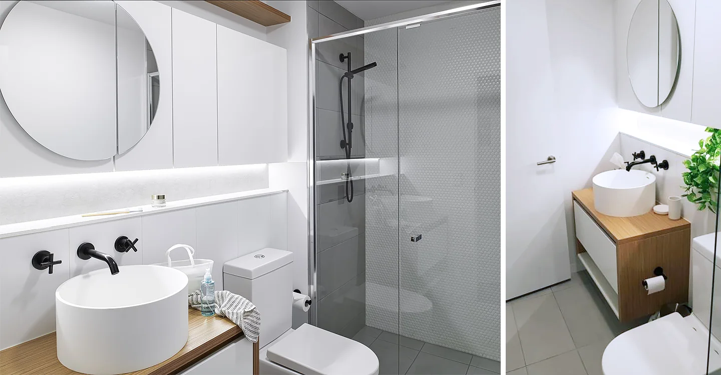 minimalist white bathroom vanity with wood countertop